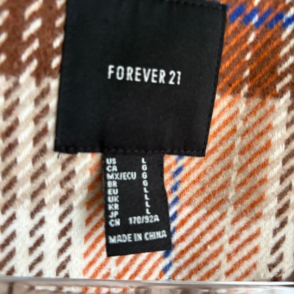 Forever 21 | Women's Plaid Cream Orange Brown Long Coat Deep V Size L - Picture 2 of 8